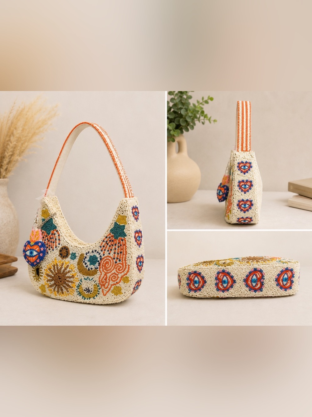 Handcrafted In India | Celestial Beaded Evil Eye Crescent Boho w/ Bag Charm